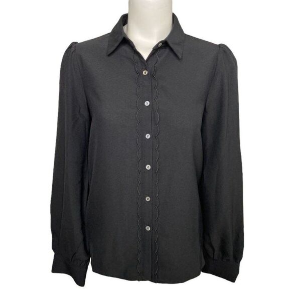 Everly Black Button‎ Down Scallop Trim Cottagecore  Sz Small NWOT - Picture 1 of 8